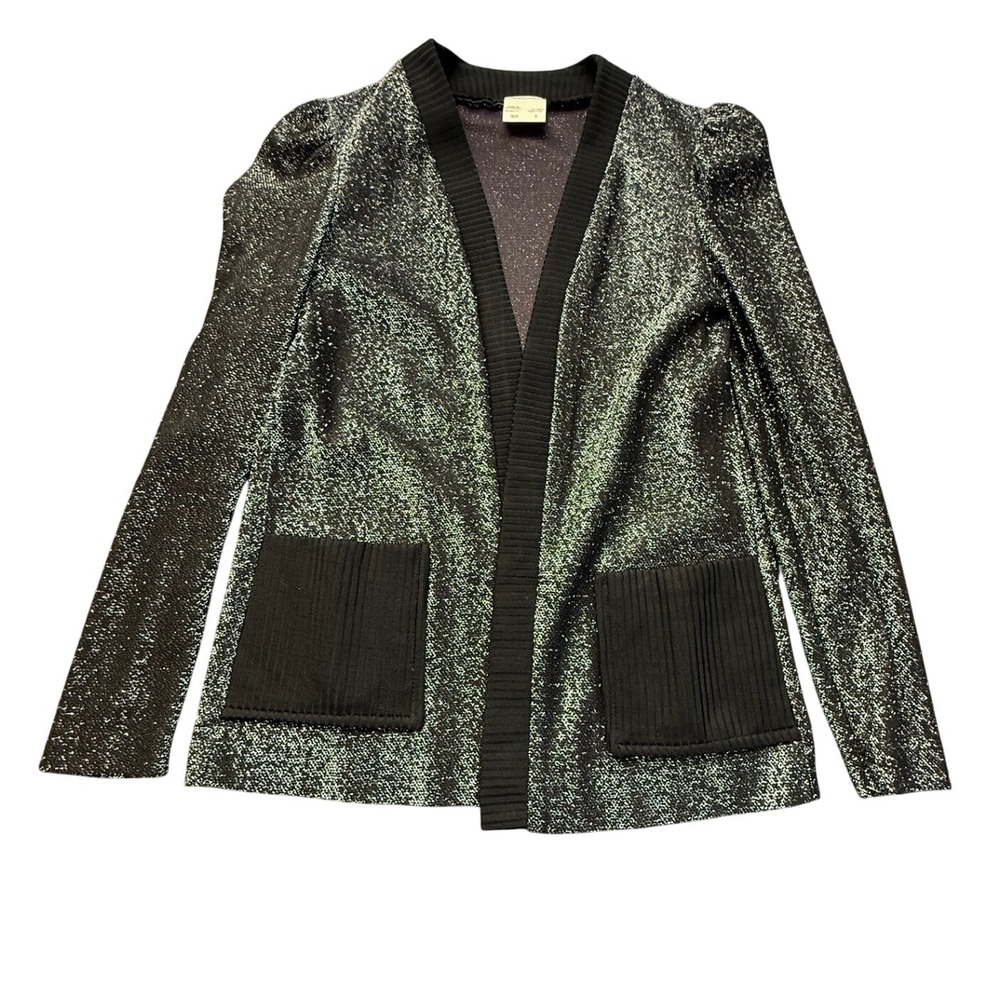 Vintage Cardigan Womens 9 Silver Black Metallic Lurex Open Front Pockets Glam